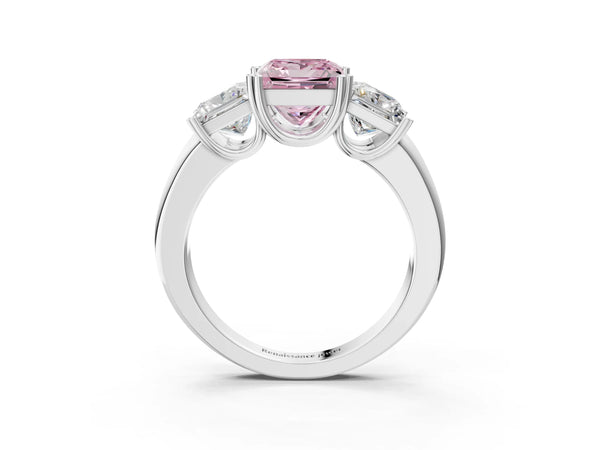 Platinum Three-Stone Fancy Pink Princess Cut Cut Diamond Ring with Channel Set Band and Four-Prong Setting