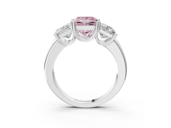 Platinum Three-Stone Fancy Pink Princess Cut Cut Diamond Ring with Channel Set Band and Four-Prong Setting