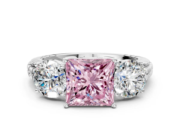 Platinum Three-Stone Fancy Pink Princess Cut Cut Diamond Ring with Channel-Set Band and Prong Setting