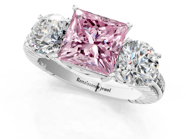 Platinum Three-Stone Fancy Pink Princess Cut Cut Diamond Ring with Channel-Set Band and Prong Setting
