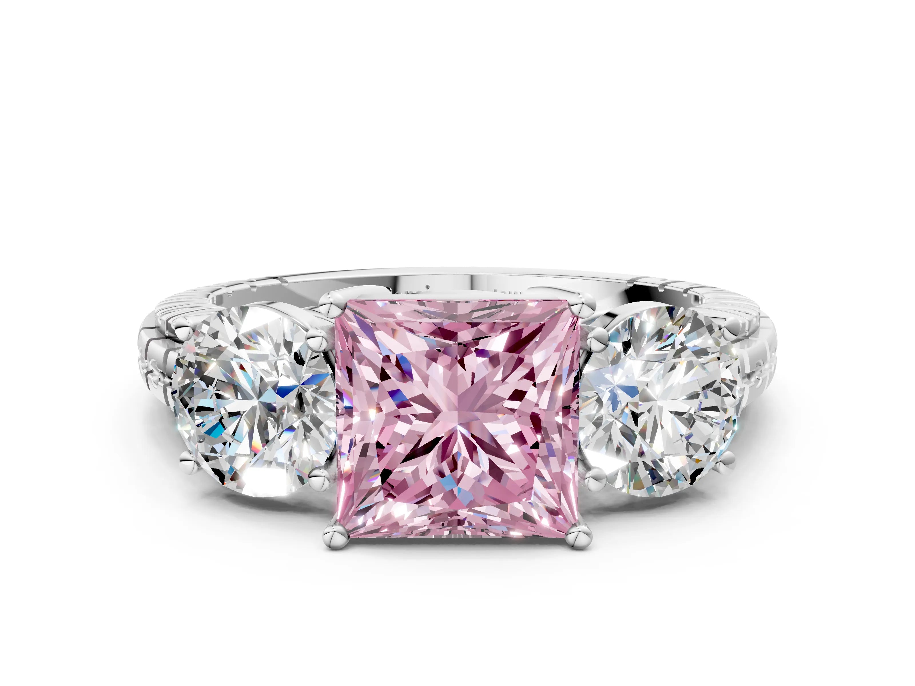 White gold Three-Stone Fancy Pink Princess Cut Cut Diamond Ring with Channel-Set Band and Prong Setting