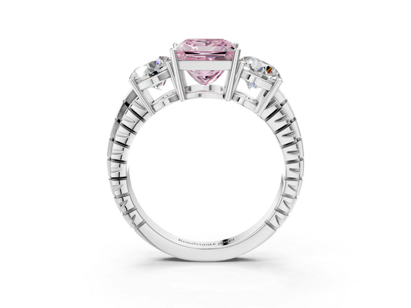 Platinum Three-Stone Fancy Pink Princess Cut Cut Diamond Ring with Channel-Set Band and Prong Setting