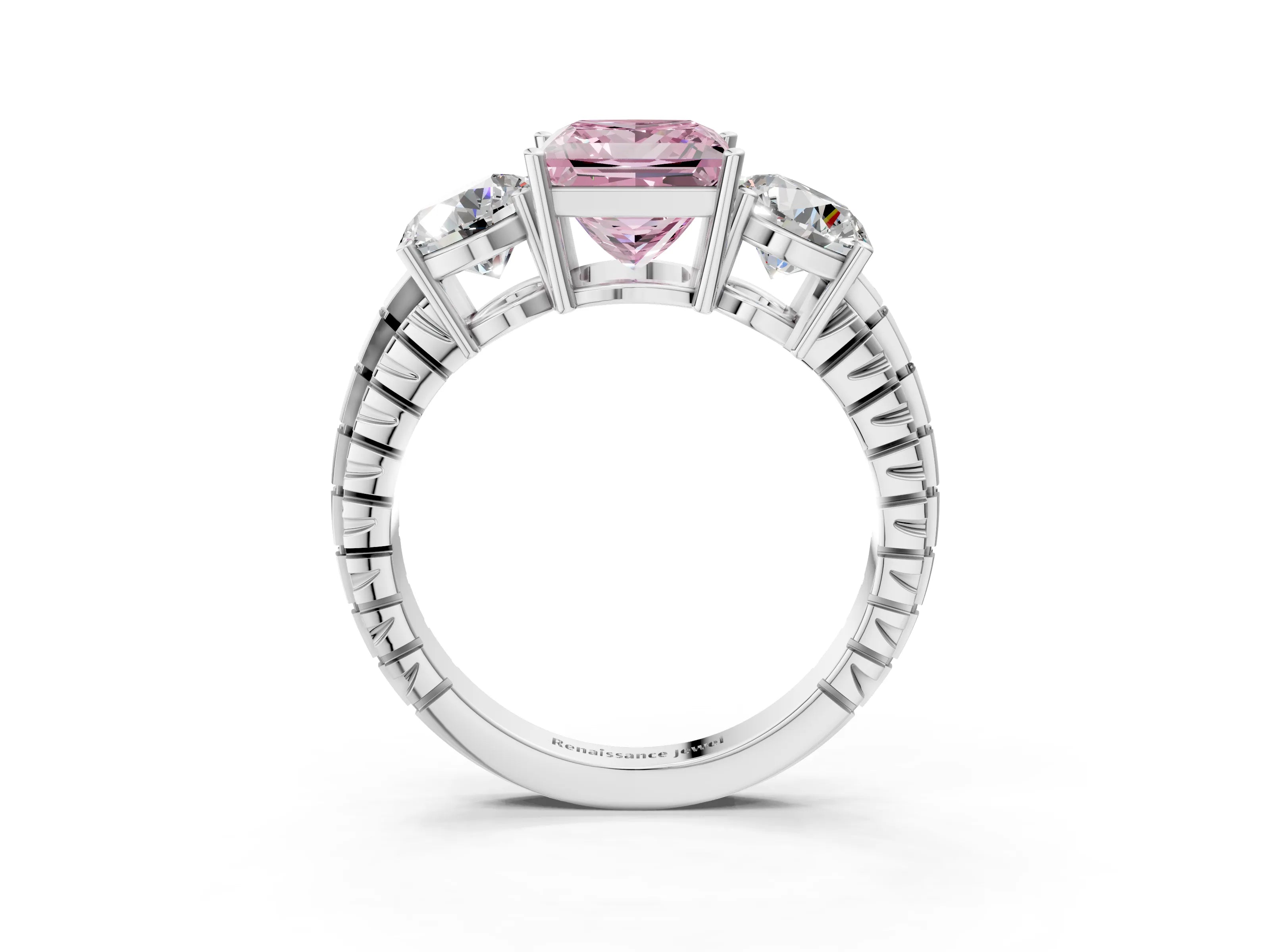 White gold Three-Stone Fancy Pink Princess Cut Cut Diamond Ring with Channel-Set Band and Prong Setting_3