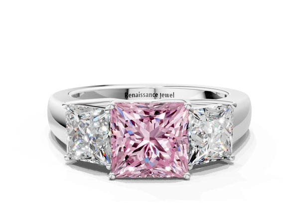 Platinum Three-Stone Fancy Pink Princess Cut Cut Diamond Ring with Prong Setting and Classic Band