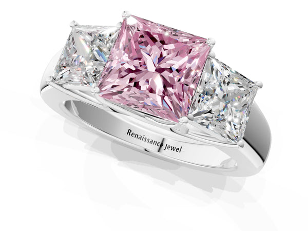 Platinum Three-Stone Fancy Pink Princess Cut Cut Diamond Ring with Prong Setting and Classic Band