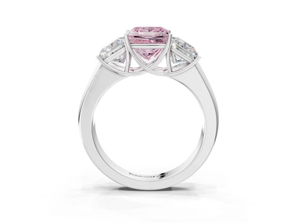 Platinum Three-Stone Fancy Pink Princess Cut Cut Diamond Ring with Prong Setting and Classic Band