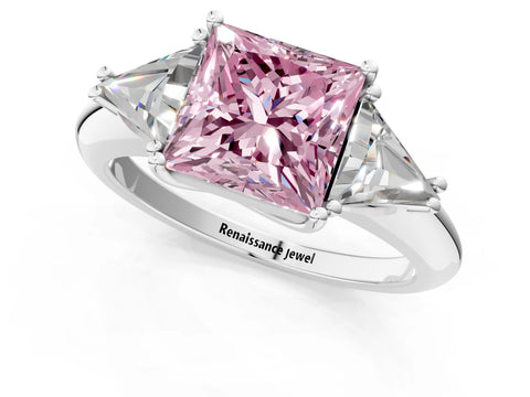 White gold Three-Stone Fancy Pink Princess Cut Cut Diamond Ring with Trillion Side Stones and Four-Prong Setting_12