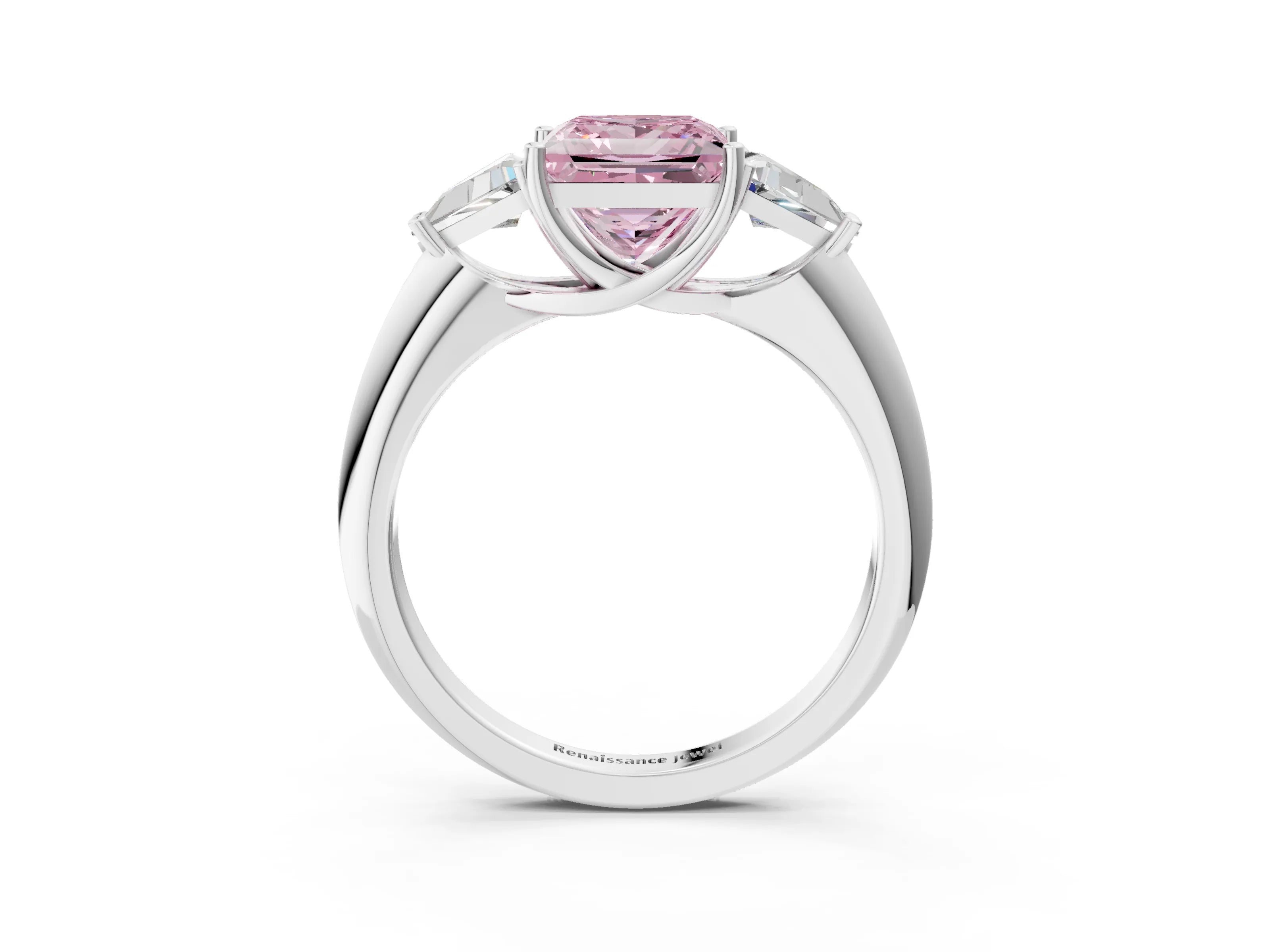 White gold Three-Stone Fancy Pink Princess Cut Cut Diamond Ring with Trillion Side Stones and Four-Prong Setting_14