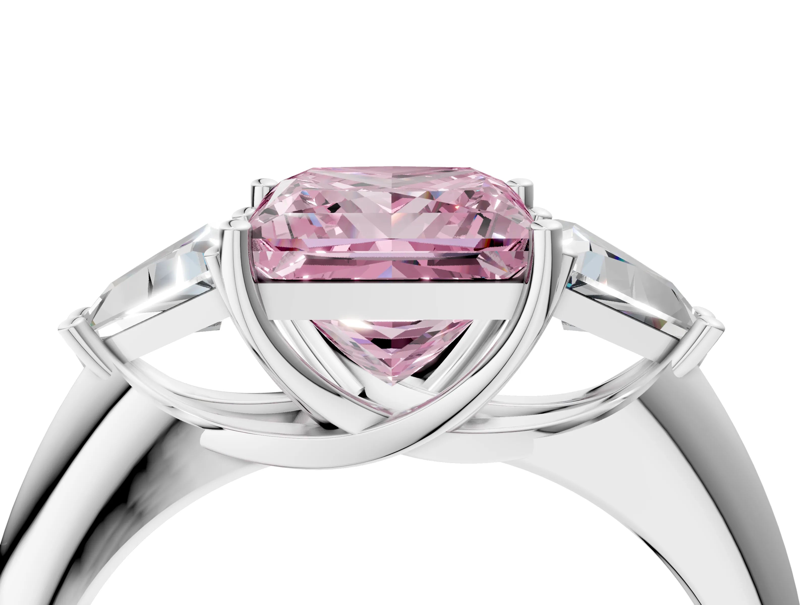 White gold Three-Stone Fancy Pink Princess Cut Cut Diamond Ring with Trillion Side Stones and Four-Prong Setting_15