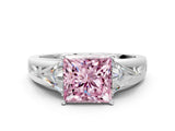 White gold Three-Stone Fancy Pink Princess Cut Cut Diamond Ring with Trillion Side Stones on a Split Shank Band