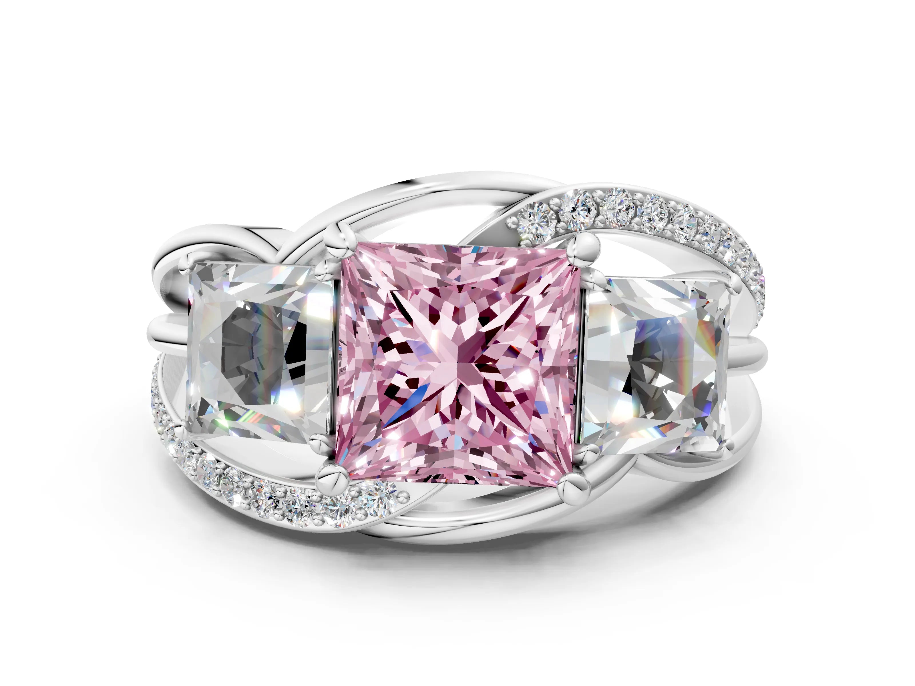White gold Three-Stone Fancy Pink Princess Cut Cut Diamond Split Shank Prong Set Ring_24