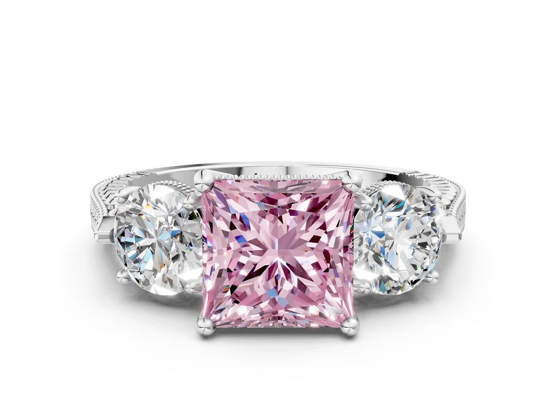 White gold Three-Stone Fancy Pink Princess Cut Cut Milgrain Band Prong Setting Ring_30
