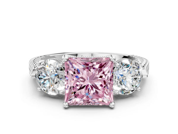 White Gold Princess Cut Vintage Three Stone Engagement Ring Setting for Fancy Pink Center