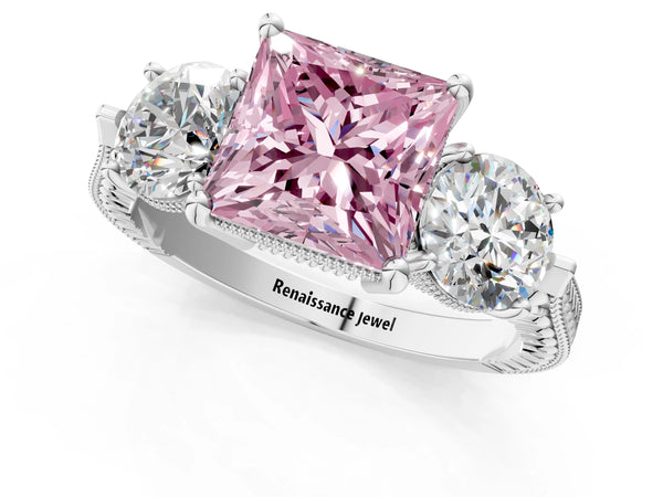 White Gold Princess Cut Vintage Three Stone Engagement Ring Setting for Fancy Pink Center