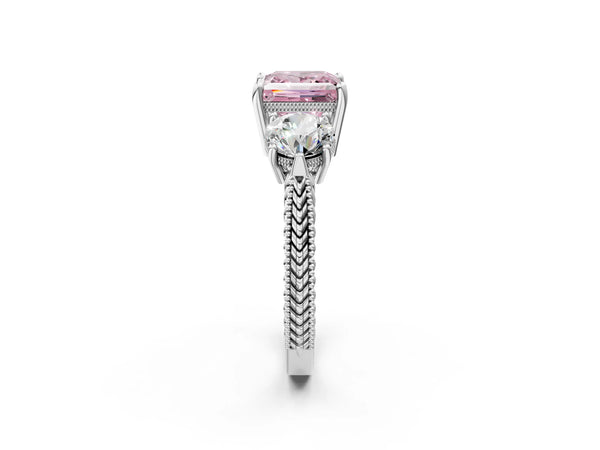 White Gold Princess Cut Vintage Three Stone Engagement Ring Setting for Fancy Pink Center