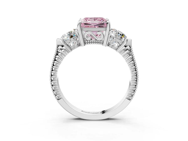 White Gold Princess Cut Vintage Three Stone Engagement Ring Setting for Fancy Pink Center