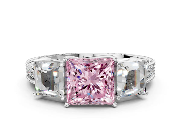 White gold Three-Stone Fancy Pink Princess Cut Cut Milgrain Pavé Engagement Ring