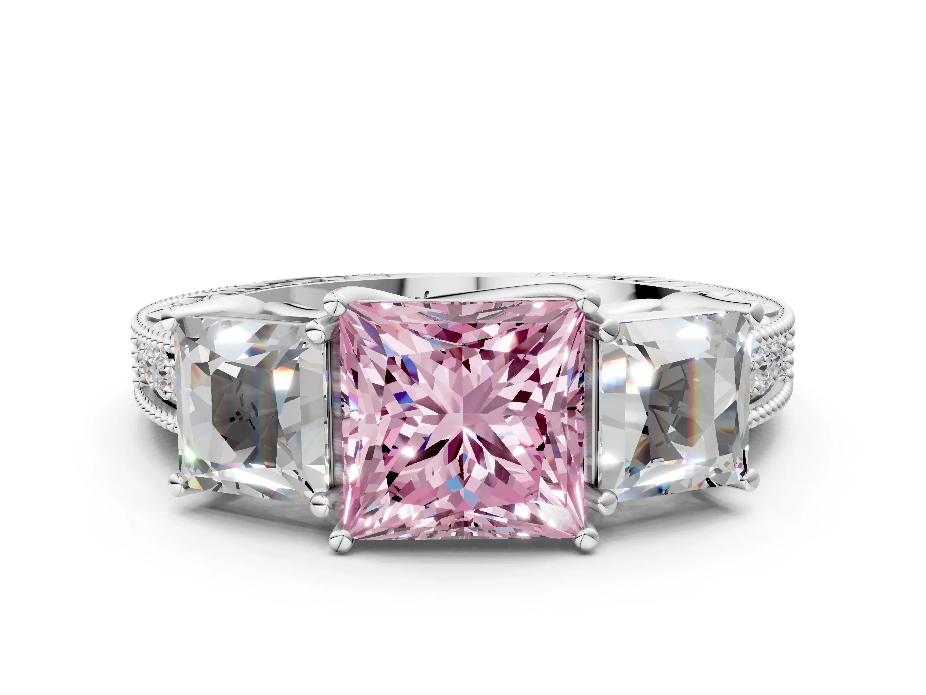 White gold Three-Stone Fancy Pink Princess Cut Cut Milgrain Pavé Engagement Ring_12