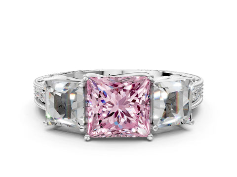 White gold Three-Stone Fancy Pink Princess Cut Cut Milgrain Pavé Engagement Ring_12