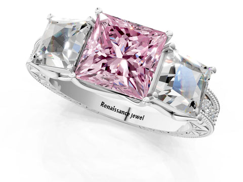 White gold Three-Stone Fancy Pink Princess Cut Cut Milgrain Pavé Engagement Ring_13