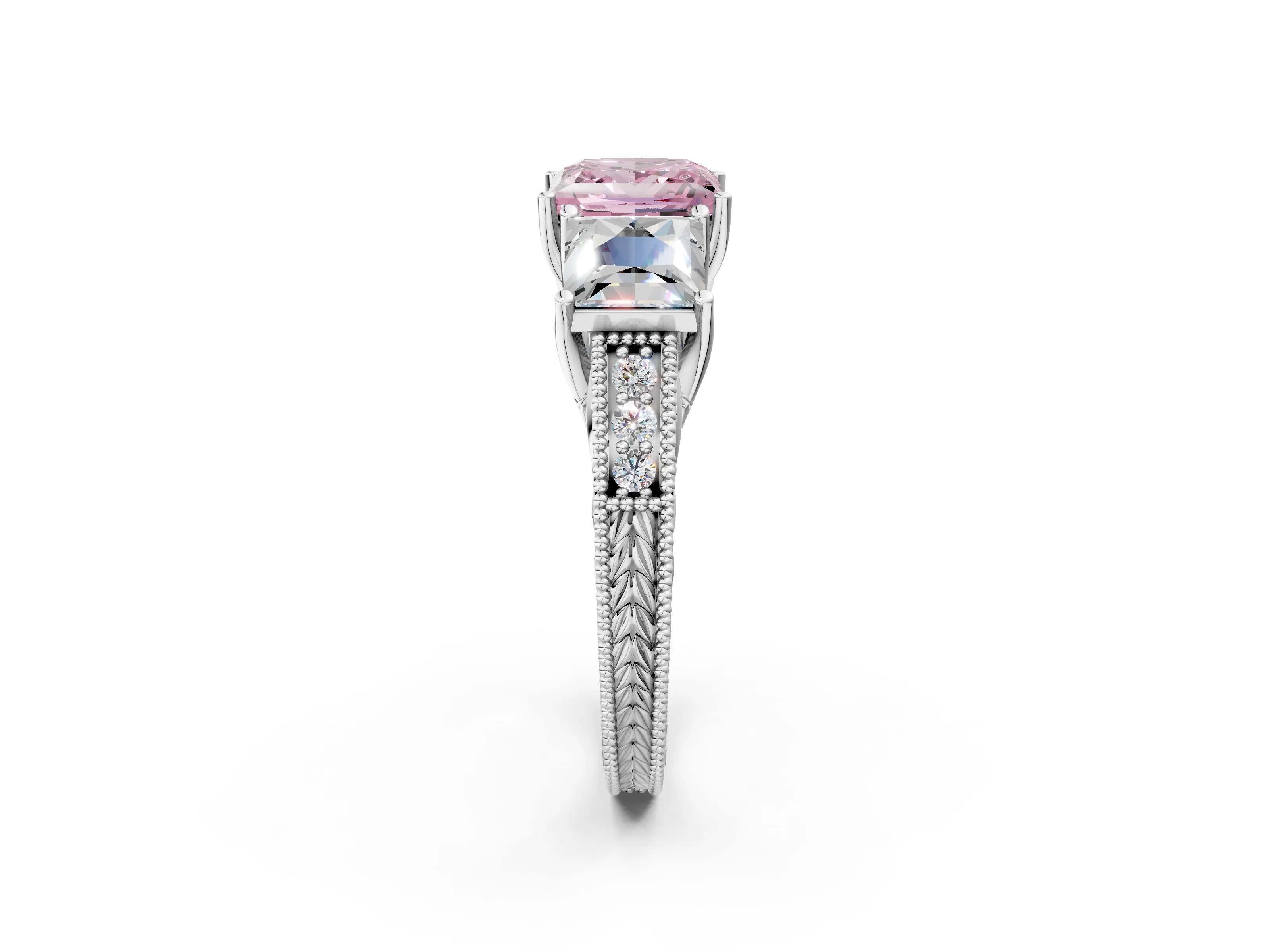 White gold Three-Stone Fancy Pink Princess Cut Cut Milgrain Pavé Engagement Ring_14