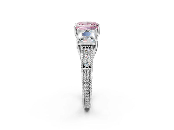 White gold Three-Stone Fancy Pink Princess Cut Cut Milgrain Pavé Engagement Ring
