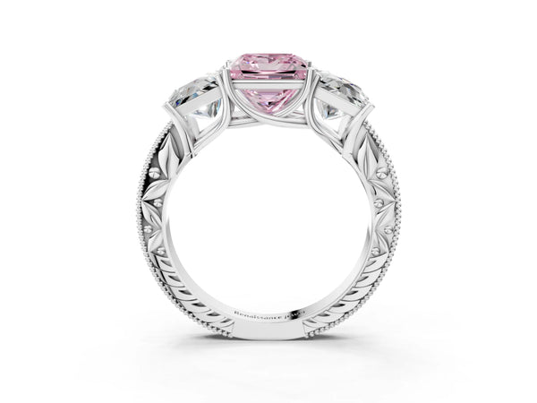 White gold Three-Stone Fancy Pink Princess Cut Cut Milgrain Pavé Engagement Ring