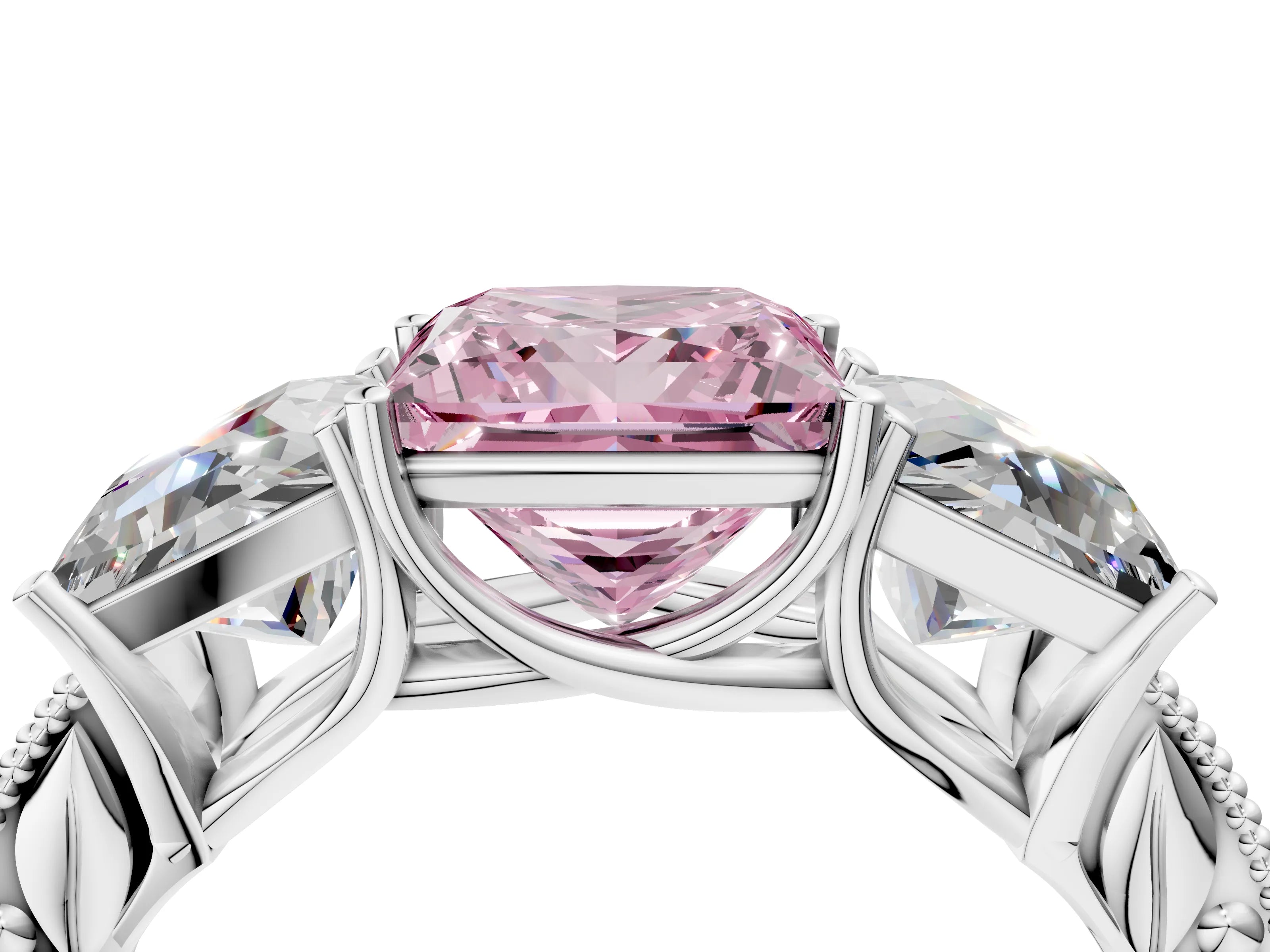 White gold Three-Stone Fancy Pink Princess Cut Cut Milgrain Pavé Engagement Ring_16