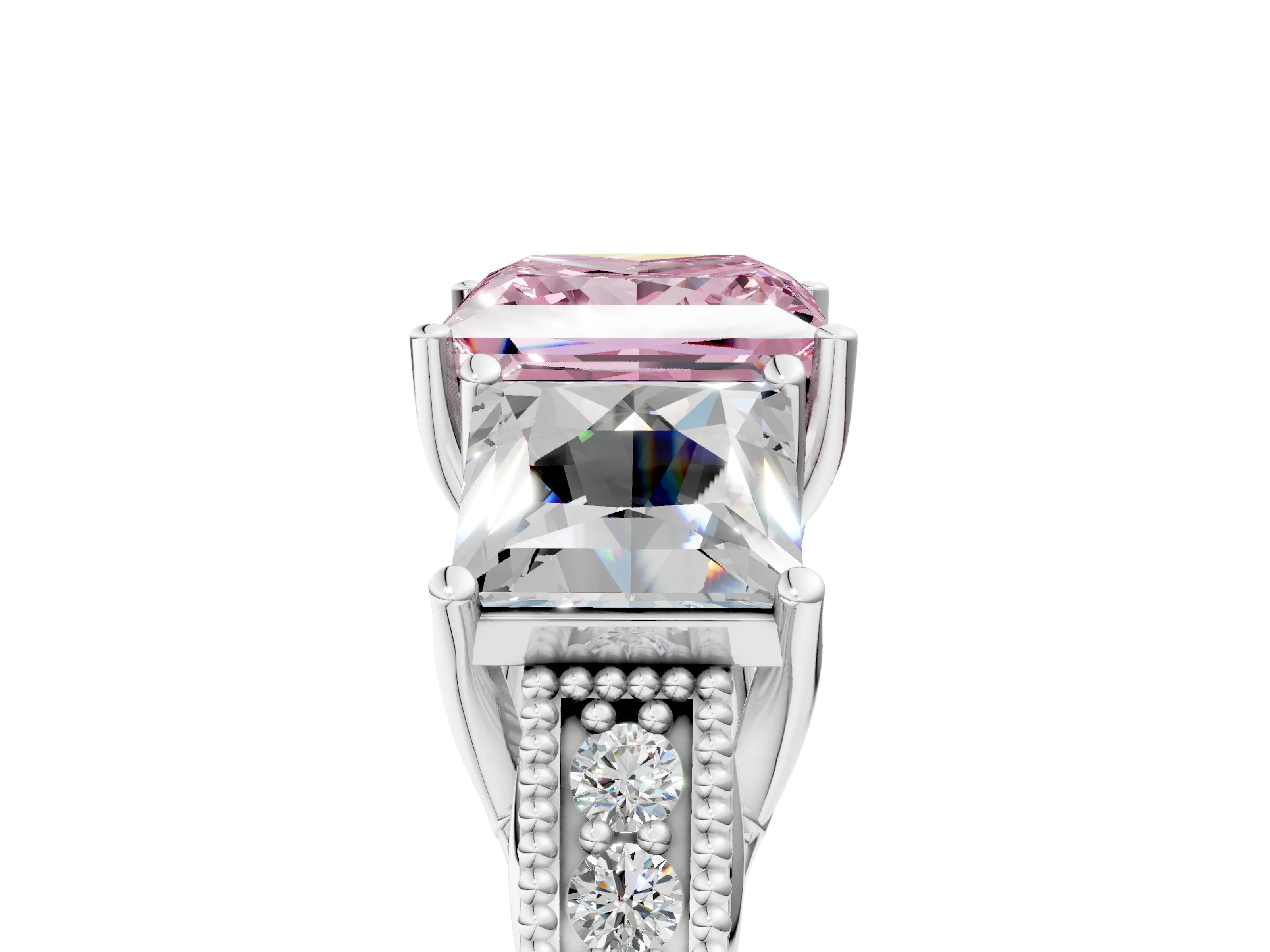 White gold Three-Stone Fancy Pink Princess Cut Cut Milgrain Pavé Engagement Ring_17