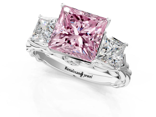 White gold Three-Stone Fancy Pink Princess Cut Diamond Braided Band Ring with Four-Prong Setting