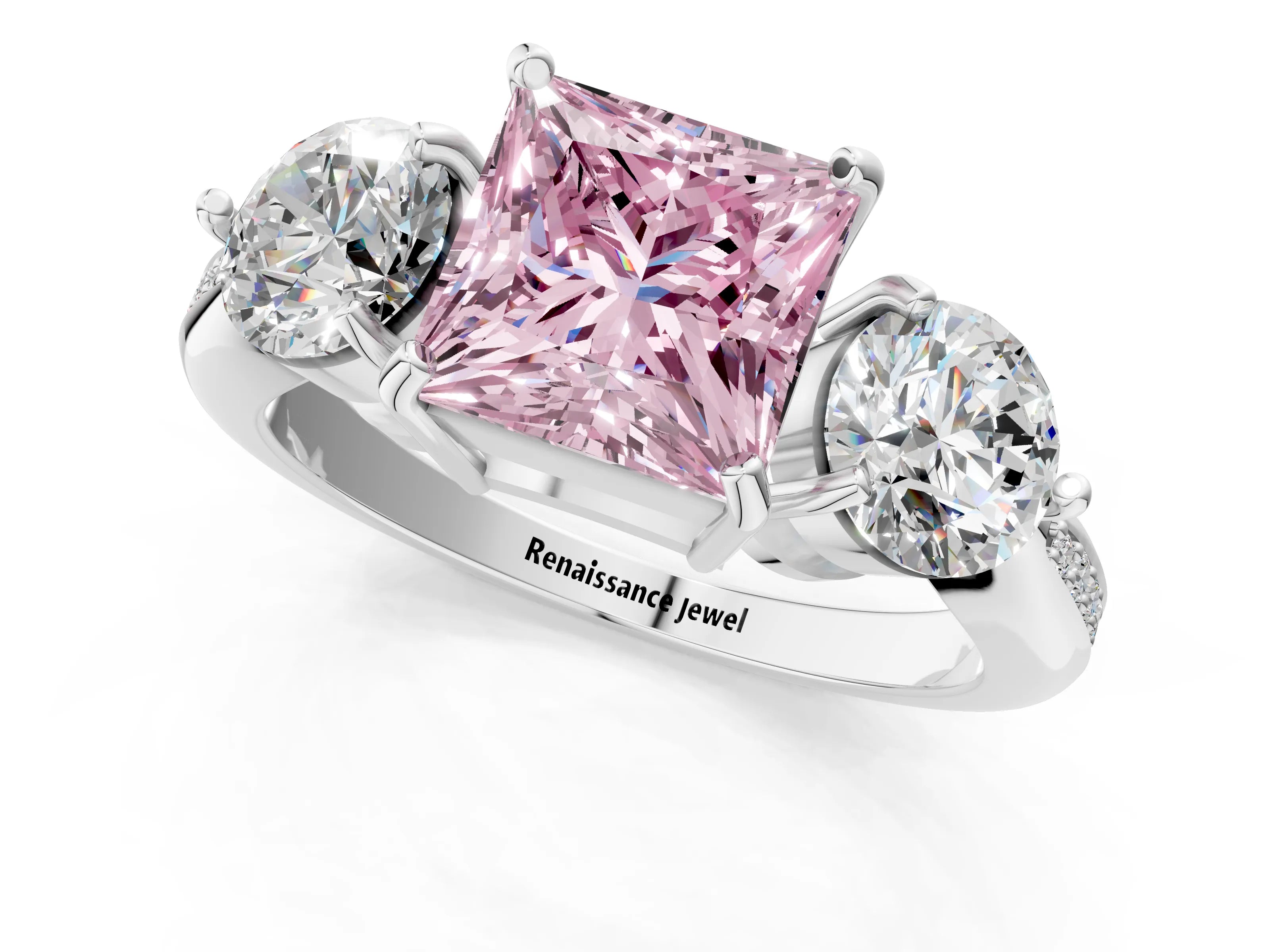 White gold Three-Stone Fancy Pink Princess Cut Diamond Channel Set Engagement Ring with Prong Setting_1