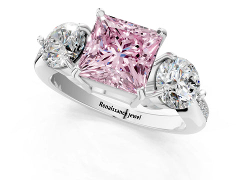 White gold Three-Stone Fancy Pink Princess Cut Diamond Channel Set Engagement Ring with Prong Setting_1