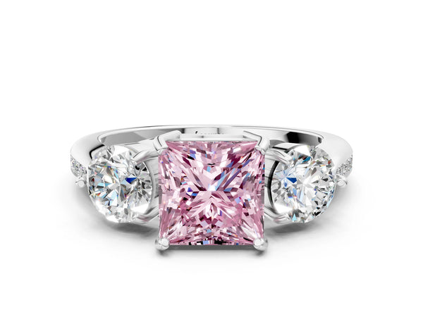 Platinum Three-Stone Fancy Pink Princess Cut Diamond Channel Set Engagement Ring with Prong Setting