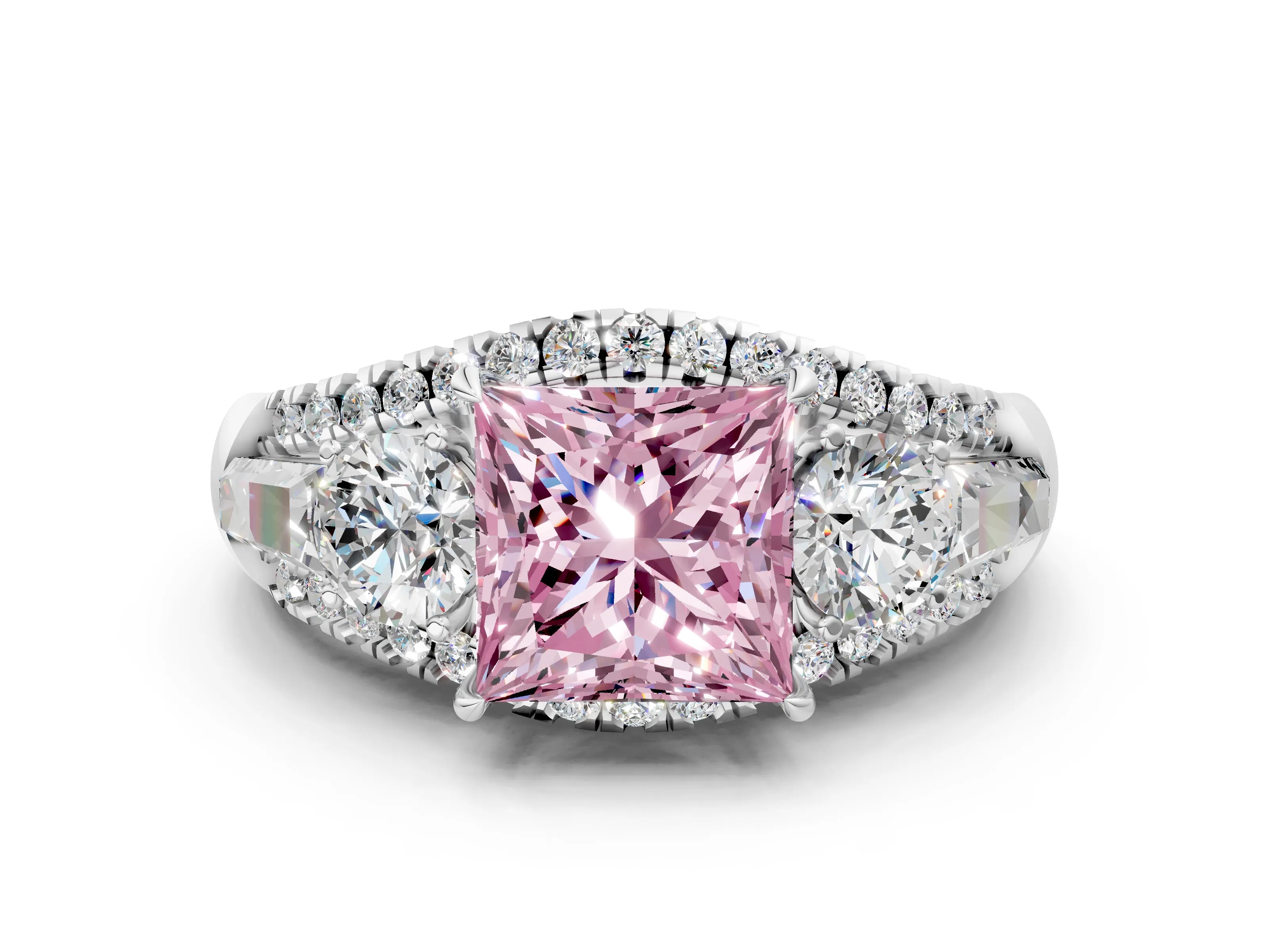 White gold Three-Stone Fancy Pink Princess Cut Diamond Engagement Ring with Pave Band and Prong Setting_12