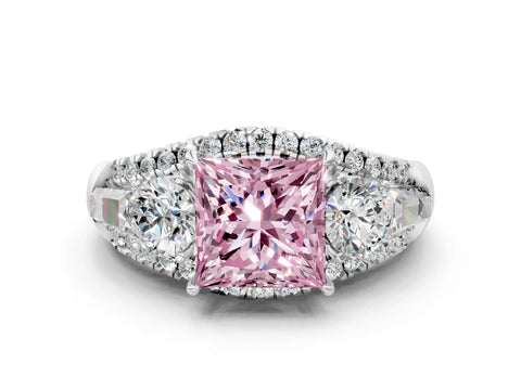 White gold Three-Stone Fancy Pink Princess Cut Diamond Engagement Ring with Pave Band and Prong Setting_12