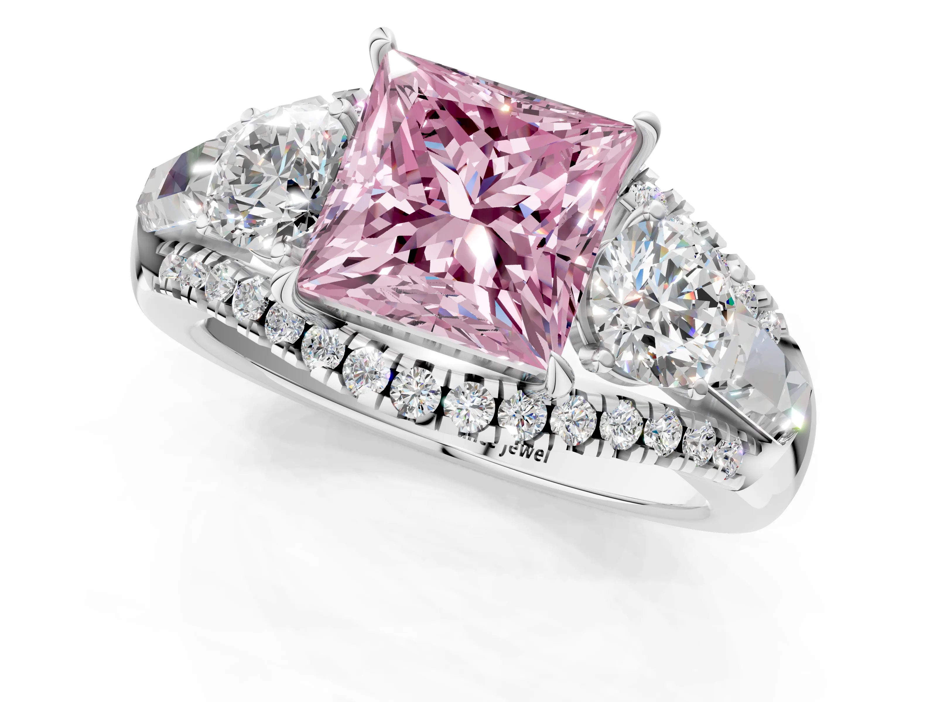 White gold Three-Stone Fancy Pink Princess Cut Diamond Engagement Ring with Pave Band and Prong Setting_13