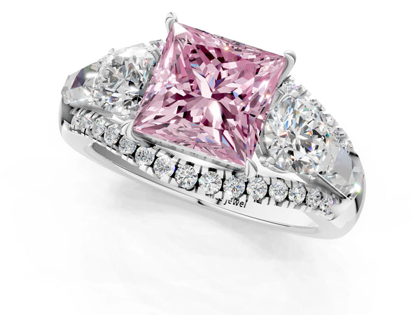 Platinum Three-Stone Fancy Pink Princess Cut Diamond Engagement Ring with Pave Band and Prong Setting