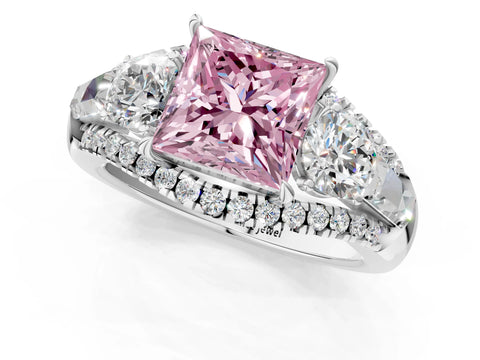 White gold Three-Stone Fancy Pink Princess Cut Diamond Engagement Ring with Pave Band and Prong Setting_13