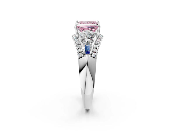 Platinum Three-Stone Fancy Pink Princess Cut Diamond Engagement Ring with Pave Band and Prong Setting