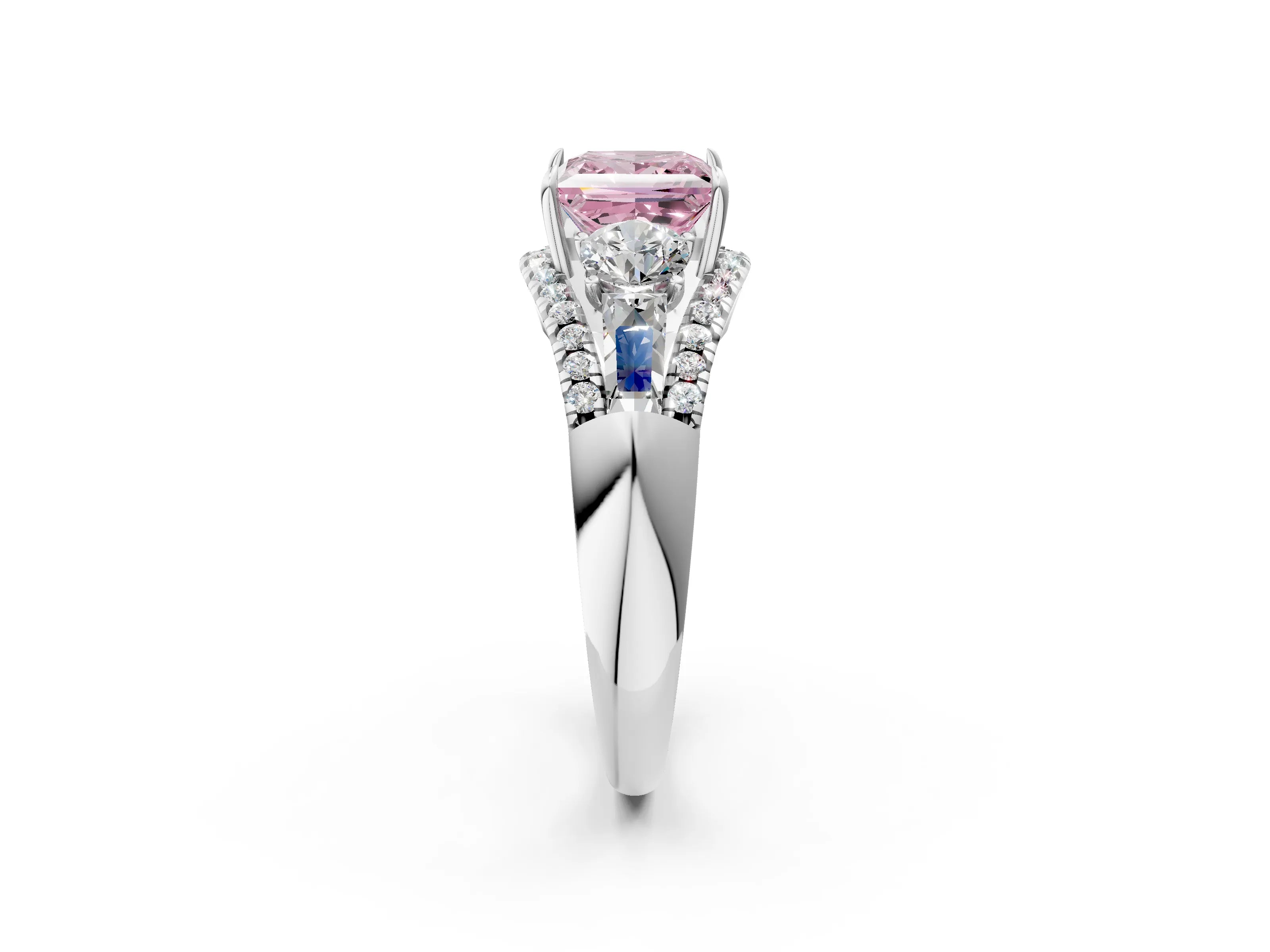 White gold Three-Stone Fancy Pink Princess Cut Diamond Engagement Ring with Pave Band and Prong Setting_14