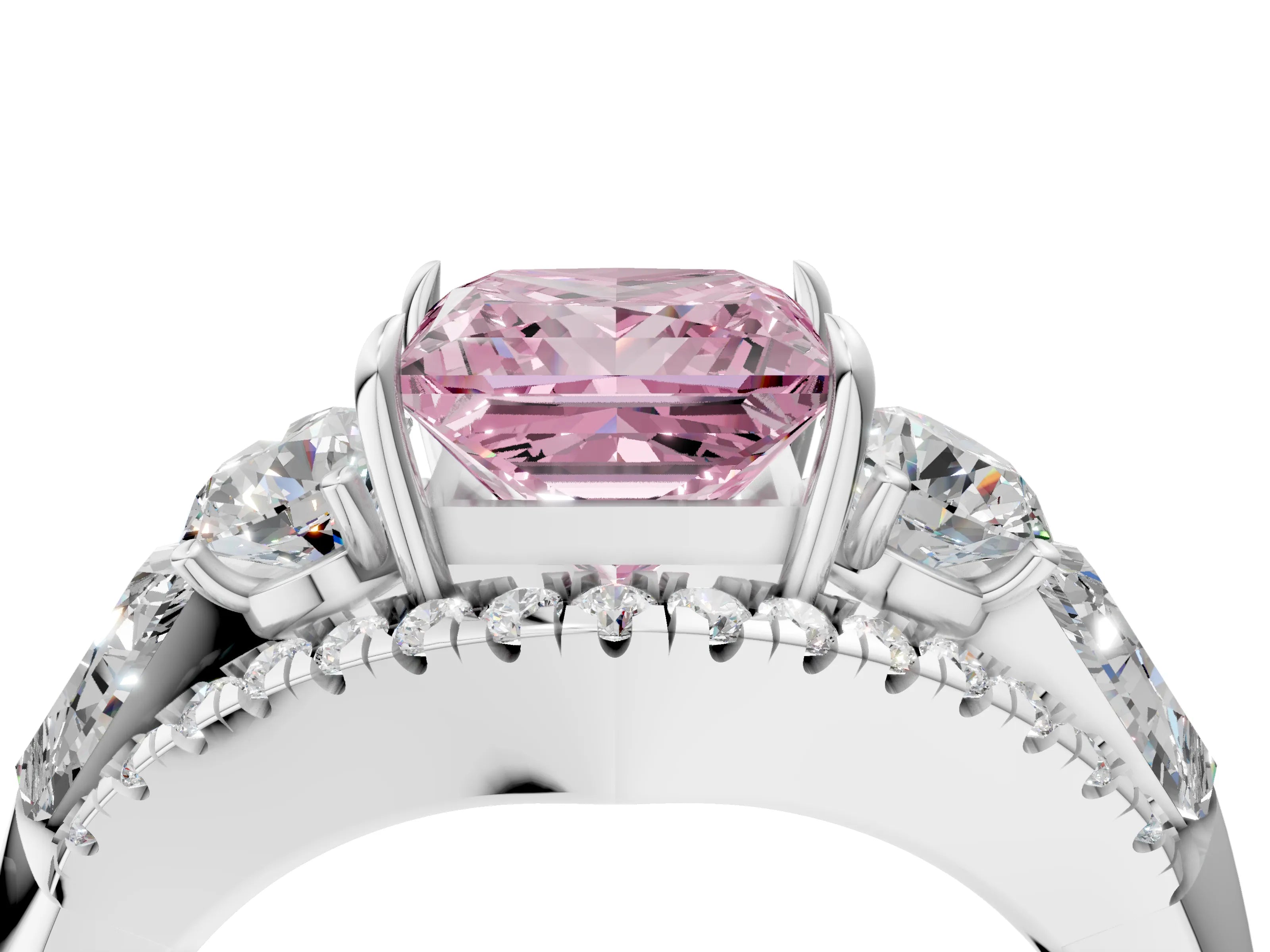 White gold Three-Stone Fancy Pink Princess Cut Diamond Engagement Ring with Pave Band and Prong Setting_16