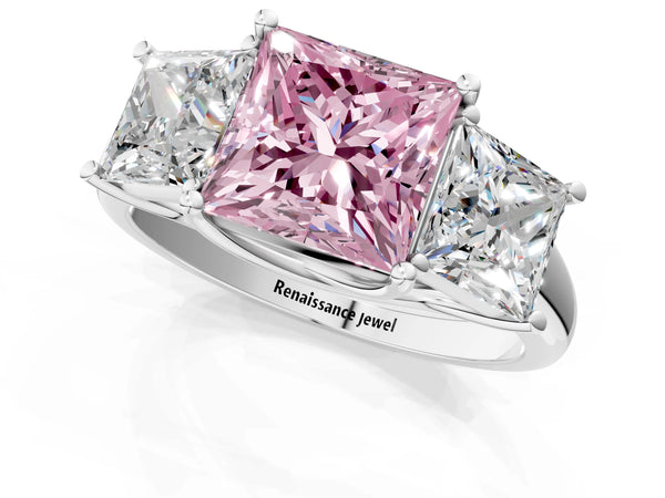 White gold Three-Stone Fancy Pink Princess Cut Diamond Engagement Ring with Prong Setting