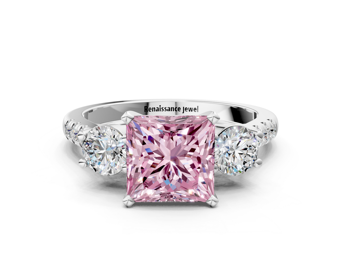 White gold Three-Stone Fancy Pink Princess  Cut Diamond Pavé Band with Four-Prong Setting_10