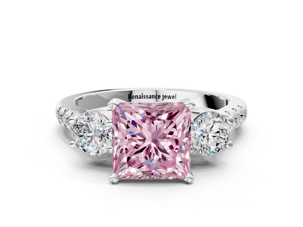 White gold Three-Stone Fancy Pink Princess Cut Diamond Pavé Band with Four-Prong Setting