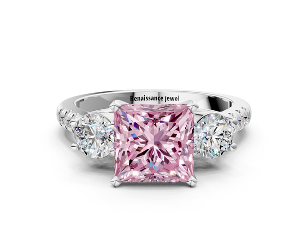 White gold Three-Stone Fancy Pink Princess Cut Diamond Pavé Band with Four-Prong Setting
