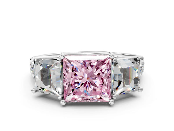 White gold Three-Stone Fancy Pink Princess Cut Diamond Pavé Band with Prong Setting