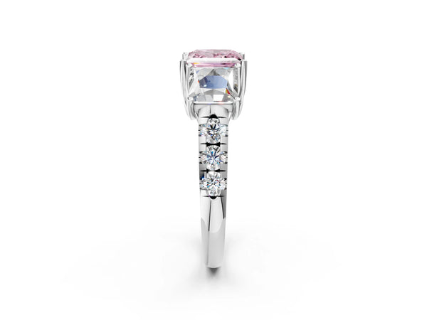 White gold Three-Stone Fancy Pink Princess Cut Diamond Pavé Band with Prong Setting