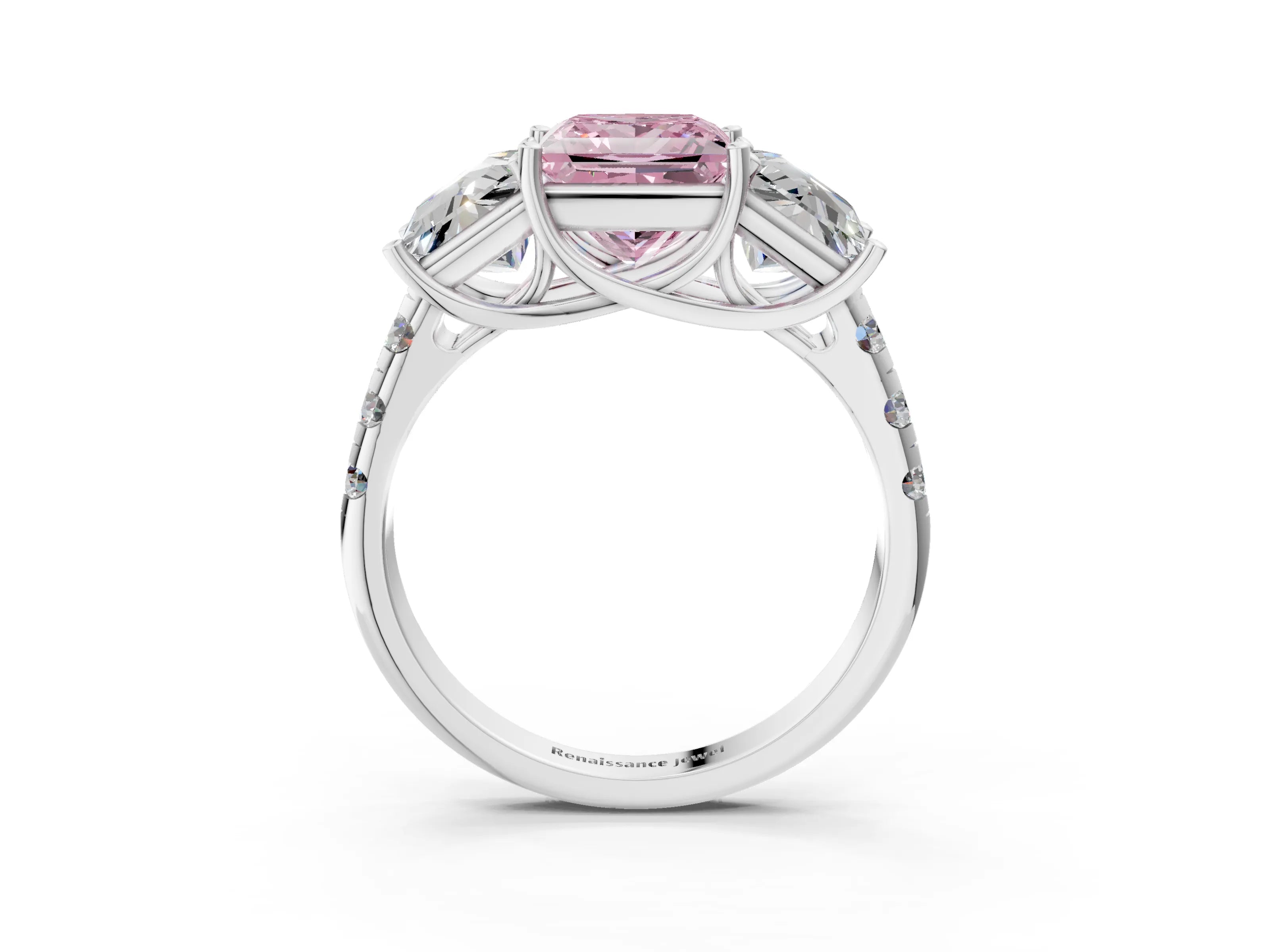 White gold Three-Stone Fancy Pink Princess Cut Diamond Pavé Band with Prong Setting_15