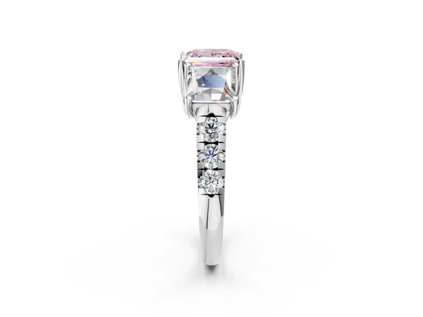 White gold Three-Stone Fancy Pink Princess Cut Diamond Pavé Band with Prong Setting