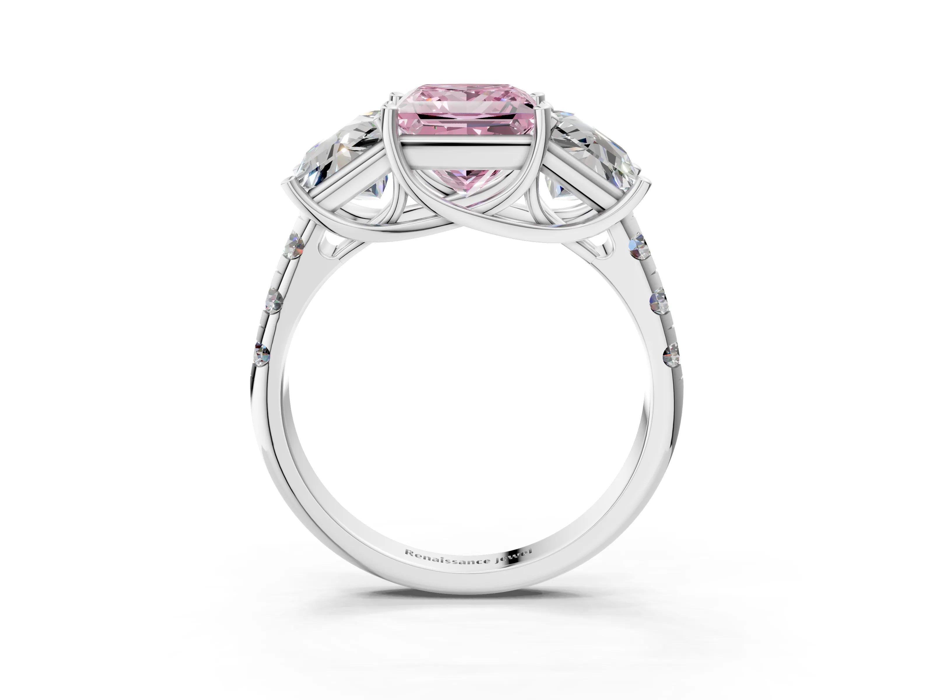 White gold Three-Stone Fancy Pink Princess Cut Diamond Pavé Band with Prong Setting_3